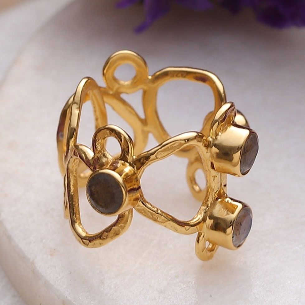 Abstract 18k Gold-Plated Natural Labradorite Cocktail Ring 'Enigmatic Fascination'