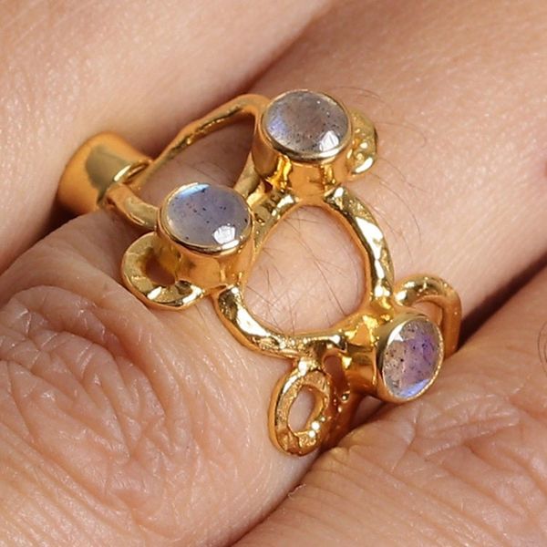Alternate image for Abstract 18k Gold-Plated Natural Labradorite Cocktail Ring Enigmatic Fascination