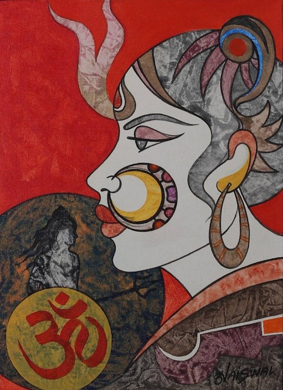 Expressionist Red and White Acrylic Brahmacharini Painting 'Brahmacharini'