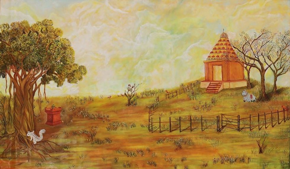 Oil Landscape Painting of Traditional Rural Hindu Temple 'Temple Scene'