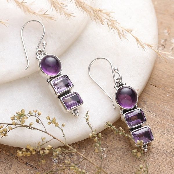 Alternate image for Four-Carat Faceted Amethyst Dangle Earrings from India Purple Feelings