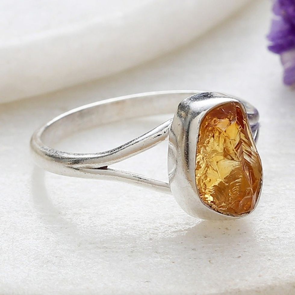 Sterling Silver Single Stone Ring with Freeform Citrine Gem 'Alluring Magic'