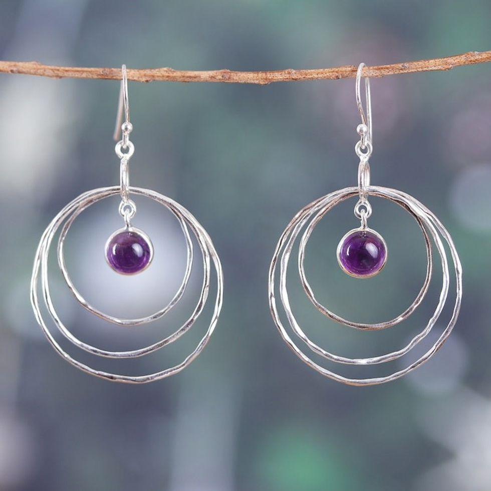 Modern Polished Sterling Silver and Amethyst Dangle Earrings 'Triple Wisdom'