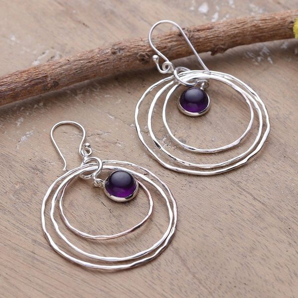 Alternate image for Modern Polished Sterling Silver and Amethyst Dangle Earrings Triple Wisdom