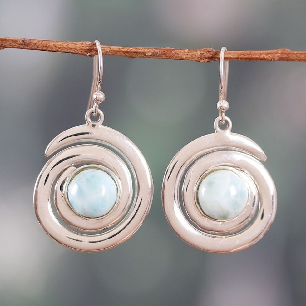 Sterling Silver and Natural Larimar Cabochon Dangle Earrings 'Swirling Peace'