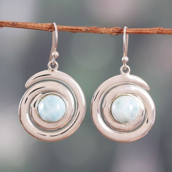Alternate image for Sterling Silver and Natural Larimar Cabochon Dangle Earrings Swirling Peace