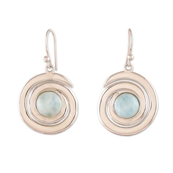 Alternate image for Sterling Silver and Natural Larimar Cabochon Dangle Earrings Swirling Peace