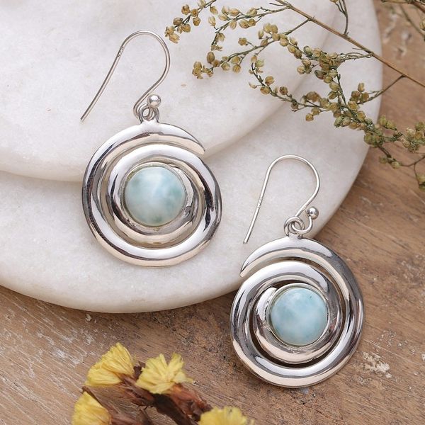 Alternate image for Sterling Silver and Natural Larimar Cabochon Dangle Earrings Swirling Peace