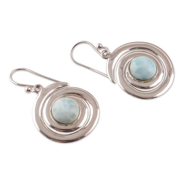 Alternate image for Sterling Silver and Natural Larimar Cabochon Dangle Earrings Swirling Peace