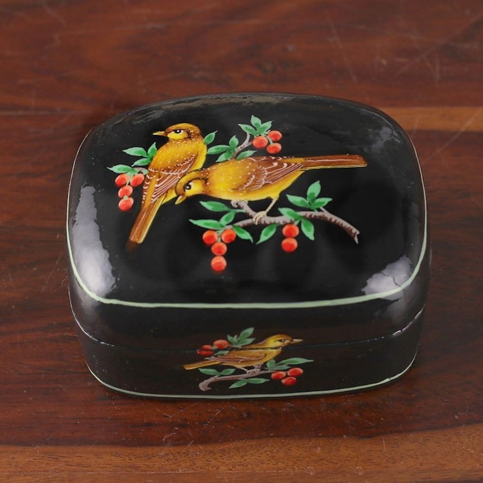 Bird-Themed Hand-Painted Black Papier Mache Decorative Box 'Our Night'