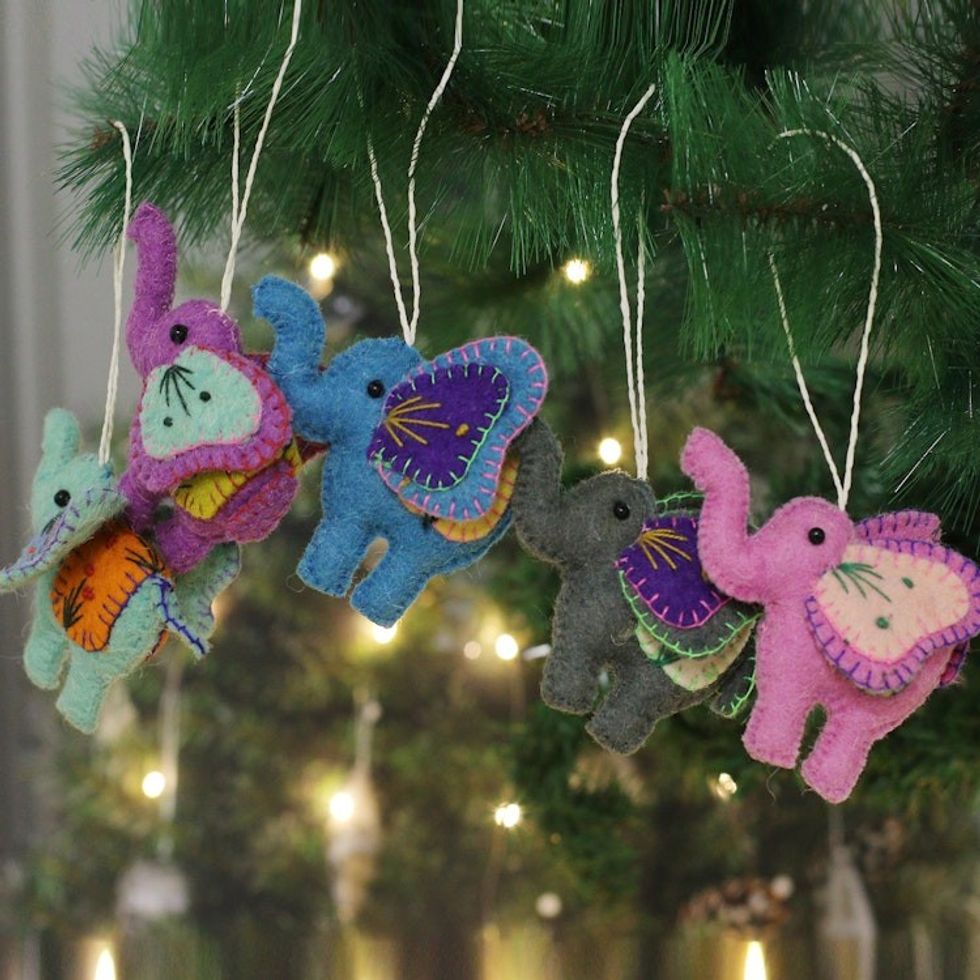 Set of 5 Handcrafted Elephant-Themed Wool Felt Ornaments 'Sweet Giants'
