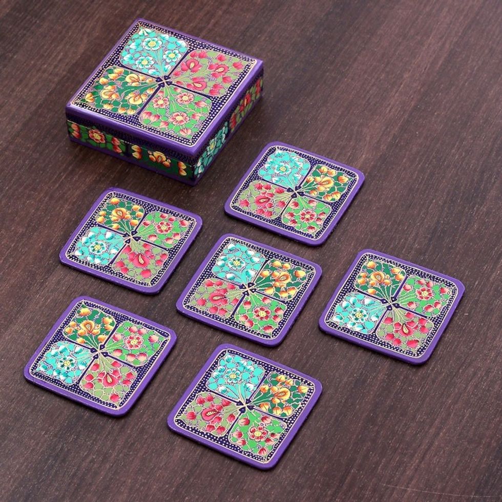 Set of 6 Floral Painted Purple Papier Mache Coasters 'Enchanted Elixir'