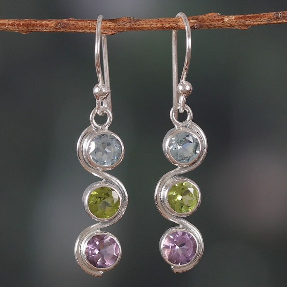 Polished Three-Carat Faceted Multi-Gemstone Dangle Earrings 'Serene Goddess'