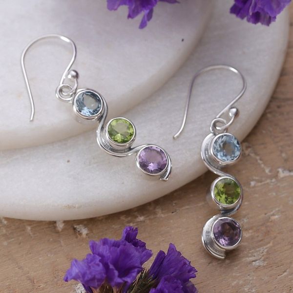 Alternate image for Polished Three-Carat Faceted Multi-Gemstone Dangle Earrings Serene Goddess