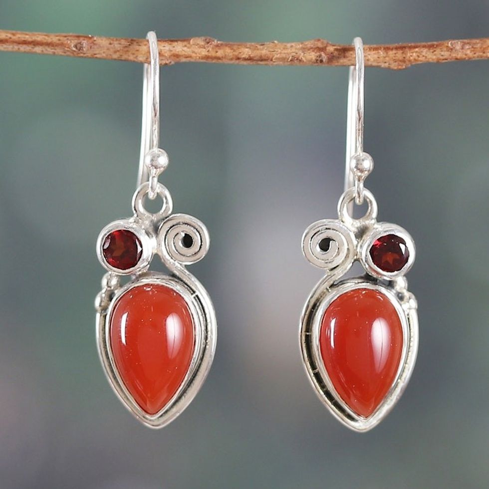 Carnelian and Garnet Dangle Earrings from India 'Autumn Flame'