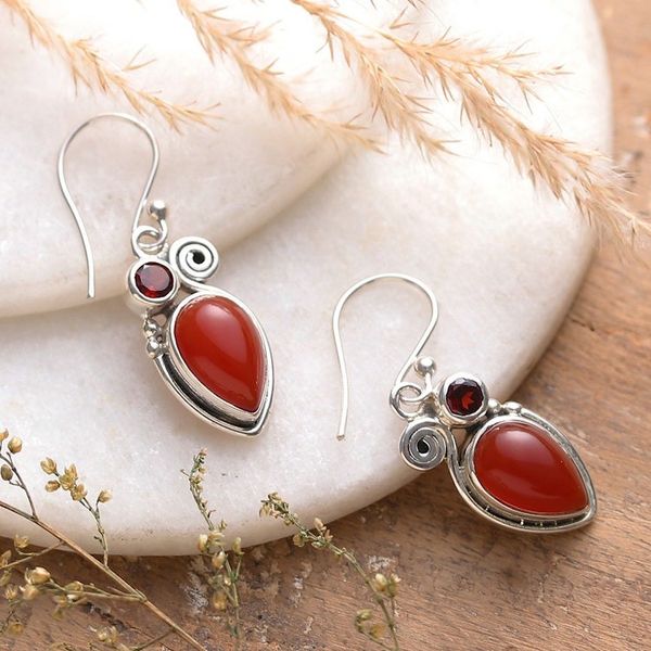 Alternate image for Carnelian and Garnet Dangle Earrings from India Autumn Flame