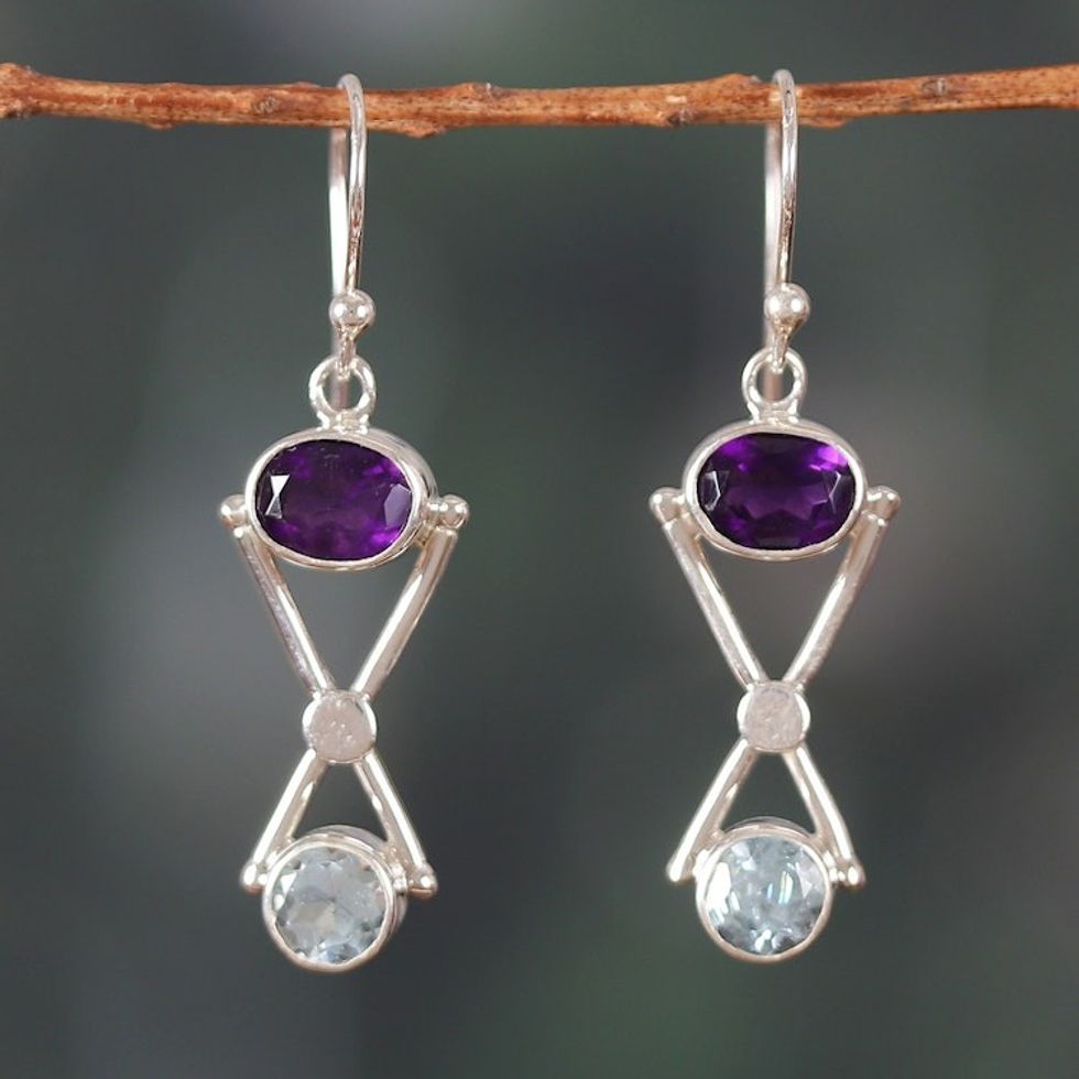 Geometric 4-Carat Amethyst and Blue Topaz Dangle Earrings 'Wise Avant-Garde'