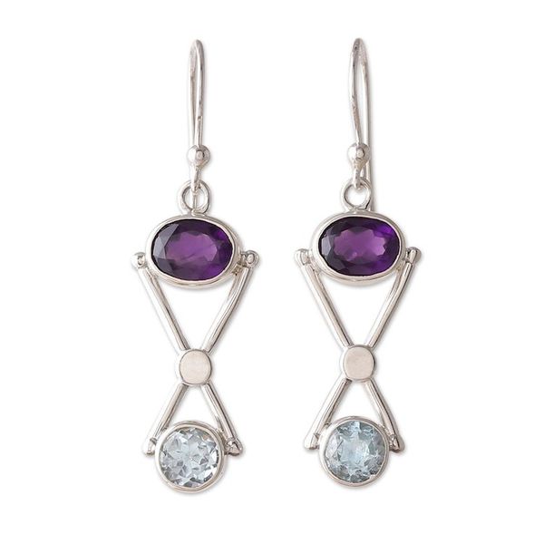 Alternate image for Geometric 4-Carat Amethyst and Blue Topaz Dangle Earrings Wise Avant-Garde