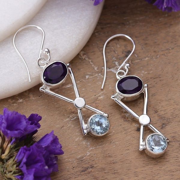 Alternate image for Geometric 4-Carat Amethyst and Blue Topaz Dangle Earrings Wise Avant-Garde