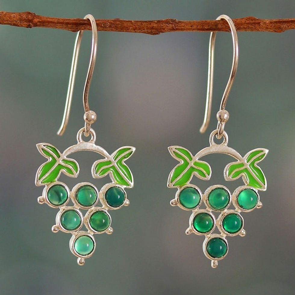 Grapevine-Shaped Green Onyx Cabochon Dangle Earrings 'Harmonious Vines'