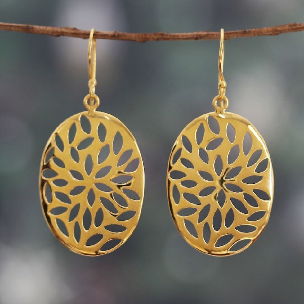 Floral Ellipse-Shaped Brass Dangle Earrings in a High Polish 'Petals Glamour'