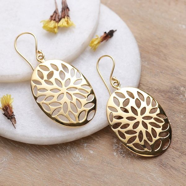 Alternate image for Floral Ellipse-Shaped Brass Dangle Earrings in a High Polish Petals Glamour