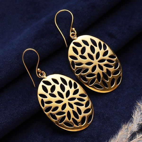 Alternate image for Floral Ellipse-Shaped Brass Dangle Earrings in a High Polish Petals Glamour