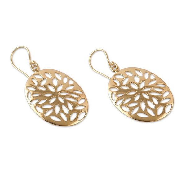 Alternate image for Floral Ellipse-Shaped Brass Dangle Earrings in a High Polish Petals Glamour