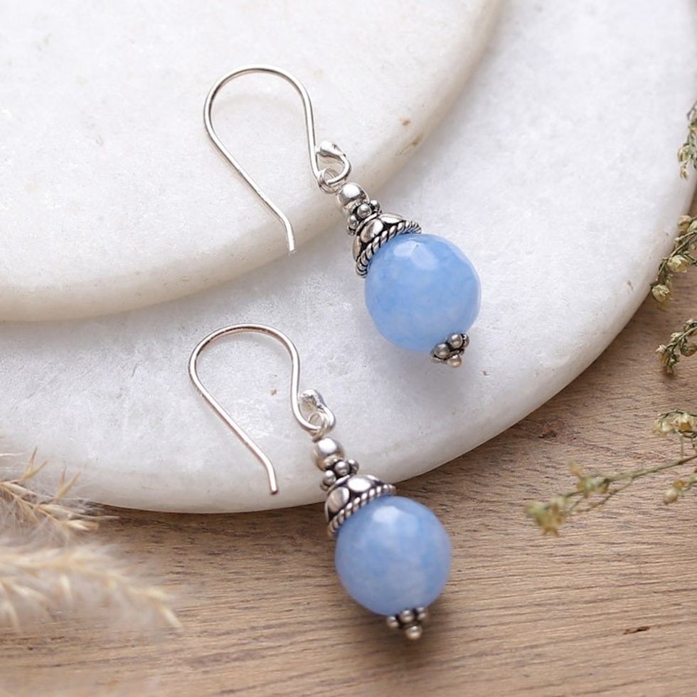 Sterling Silver Dangle Earrings with Petite Blue Agate Gems 'Royal Heaven'