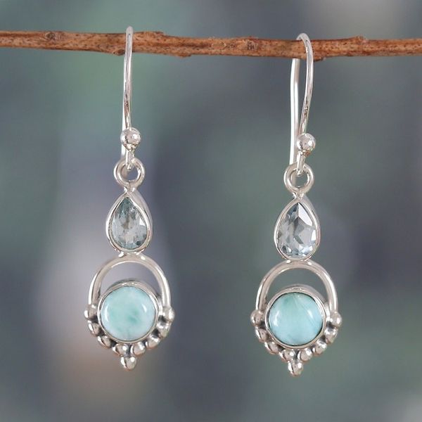 Alternate image for One-Carat Natural Larimar and Blue Topaz Dangle Earrings Calming Blue