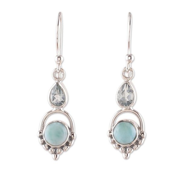 Alternate image for One-Carat Natural Larimar and Blue Topaz Dangle Earrings Calming Blue