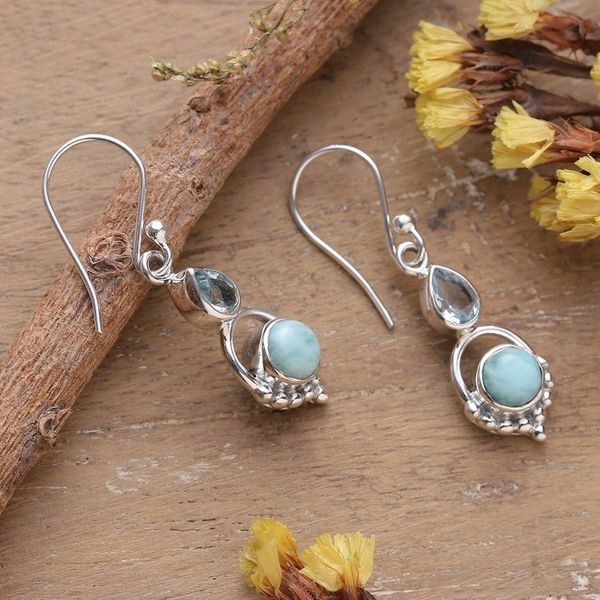 Alternate image for One-Carat Natural Larimar and Blue Topaz Dangle Earrings Calming Blue