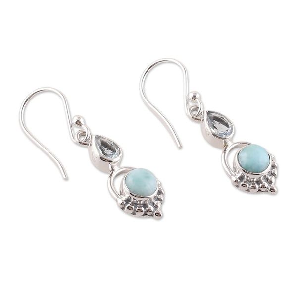 Alternate image for One-Carat Natural Larimar and Blue Topaz Dangle Earrings Calming Blue