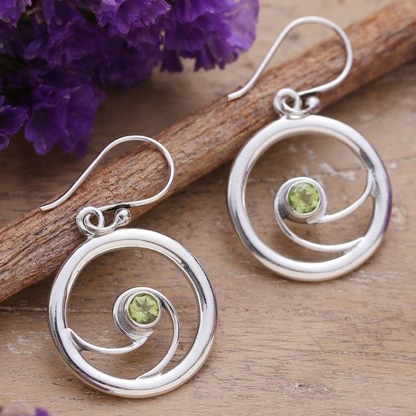 Alternate image for Modern Polished Round Natural Peridot Dangle Earrings Gleaming Glory