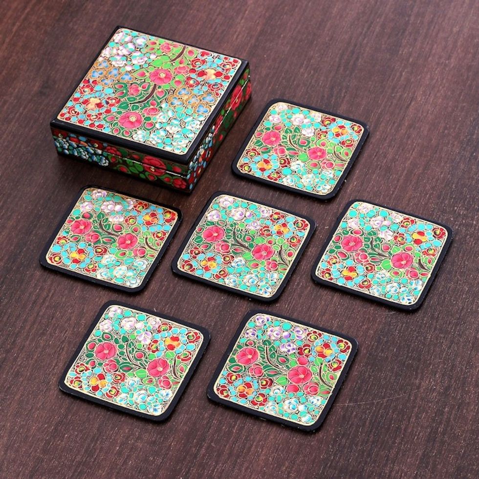 Set of 6 Floral Painted Wood and Papier Mache Coasters 'Blooming Time'