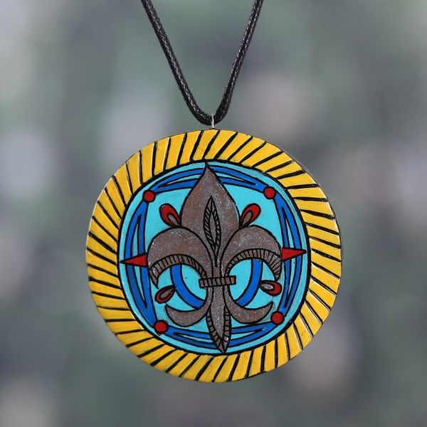 Alternate image for Painted Baroque-Inspired Floral Ceramic Pendant Necklace My Fleur-De-Lis