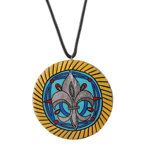 Alternate image for Painted Baroque-Inspired Floral Ceramic Pendant Necklace My Fleur-De-Lis
