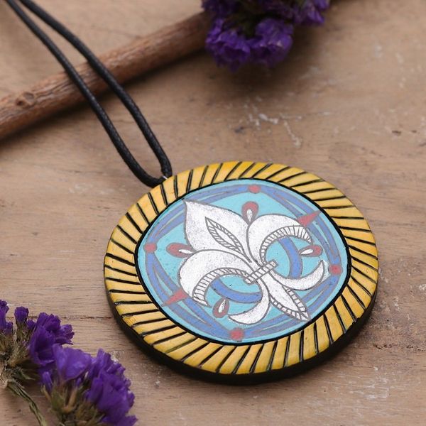 Alternate image for Painted Baroque-Inspired Floral Ceramic Pendant Necklace My Fleur-De-Lis