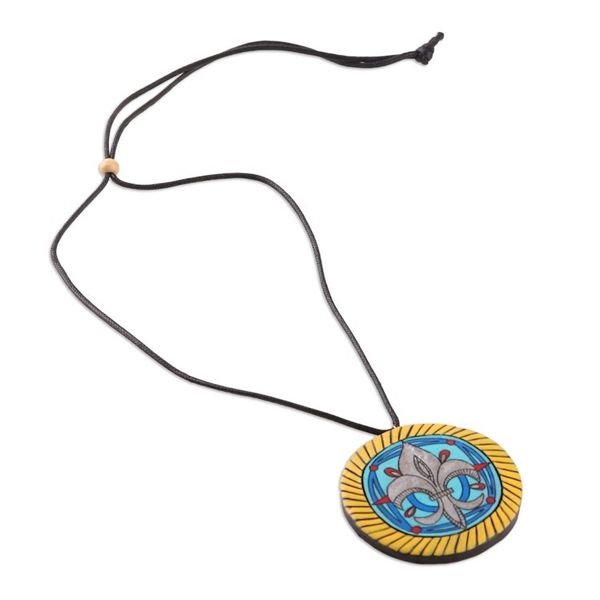 Alternate image for Painted Baroque-Inspired Floral Ceramic Pendant Necklace My Fleur-De-Lis