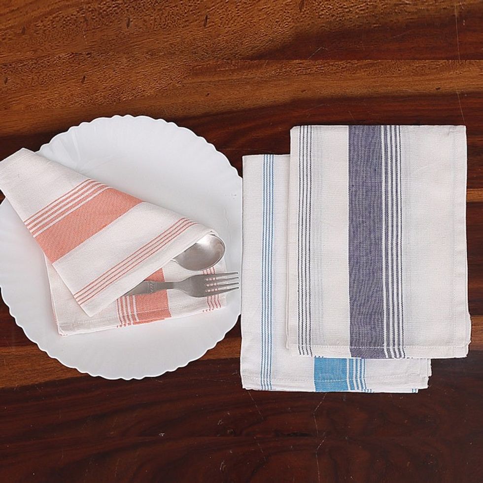 Set of 3 Purple, Orange and Blue Striped Cotton Dish Towels 'Stripes of Sweetness'