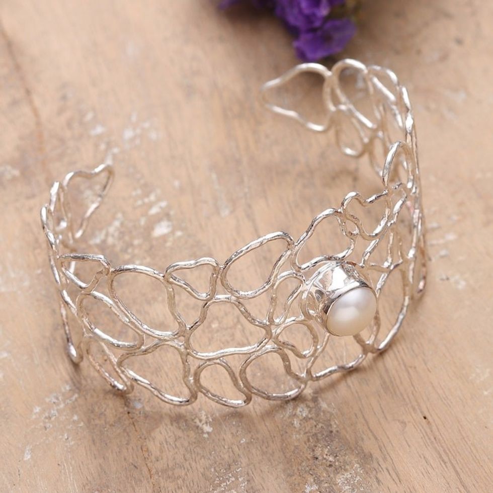 Hammered Sterling Silver and Cream Pearl Cuff Bracelet 'Luminous Glory'