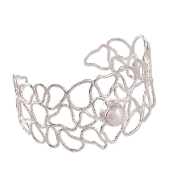 Alternate image for Hammered Sterling Silver and Cream Pearl Cuff Bracelet Luminous Glory