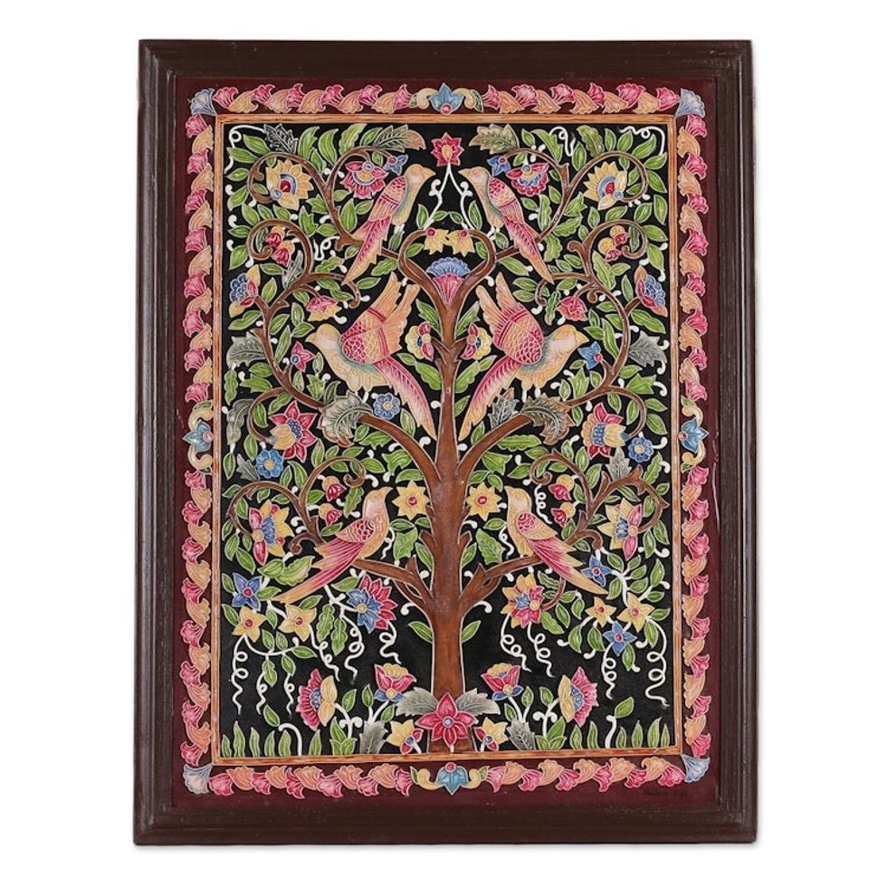 Nature-Themed Painted Marble Dust Relief Wall Art 'Bird Connection'
