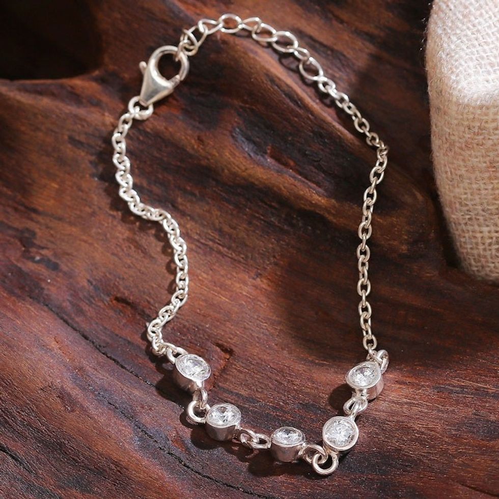 Sterling Silver Pendant Bracelet with Cubic Zirconia Gems 'Sparkling Alliance'
