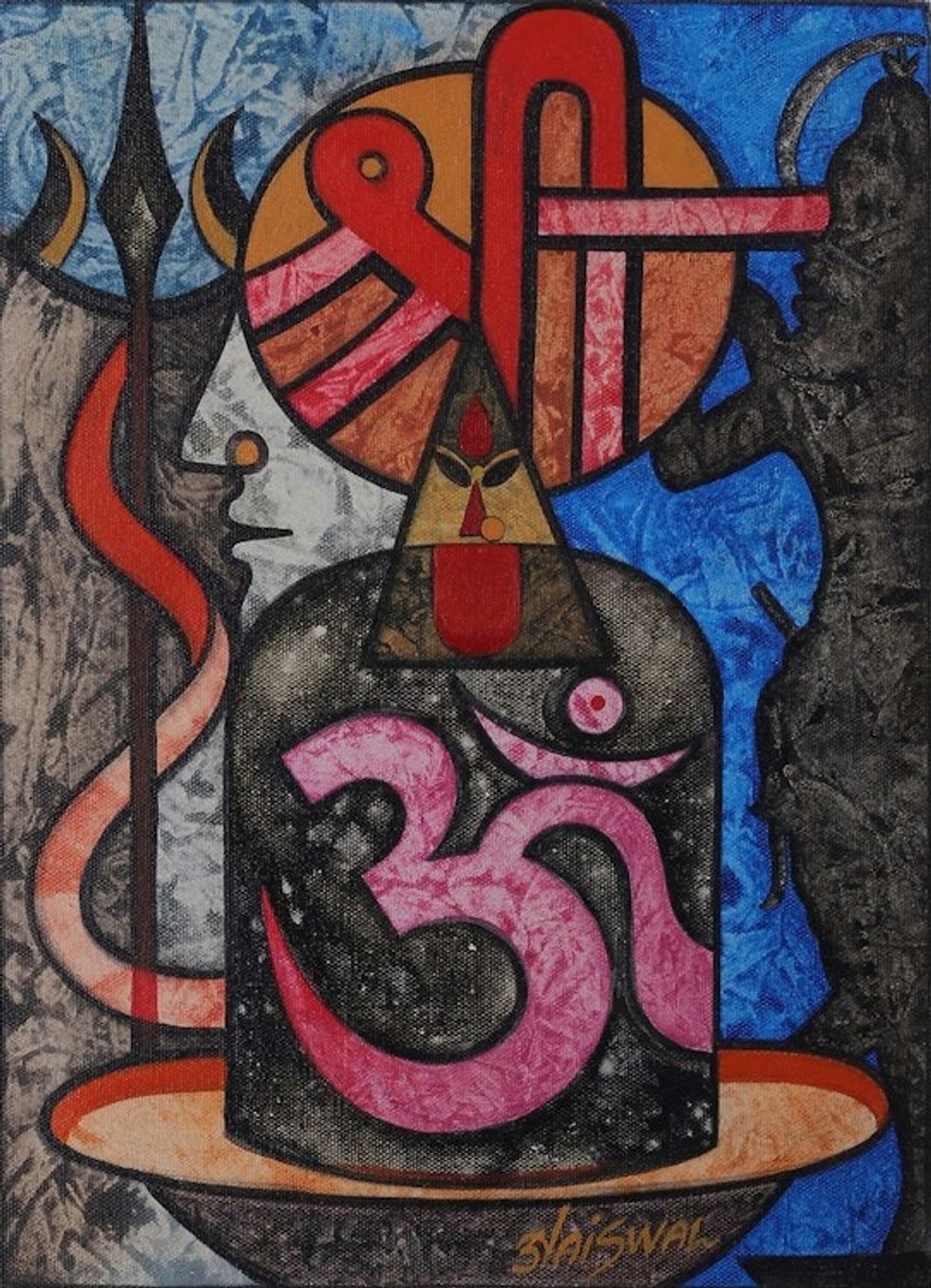 Signed Unstretched Expressionist Acrylic Omkara Painting 'Cosmic Energy'