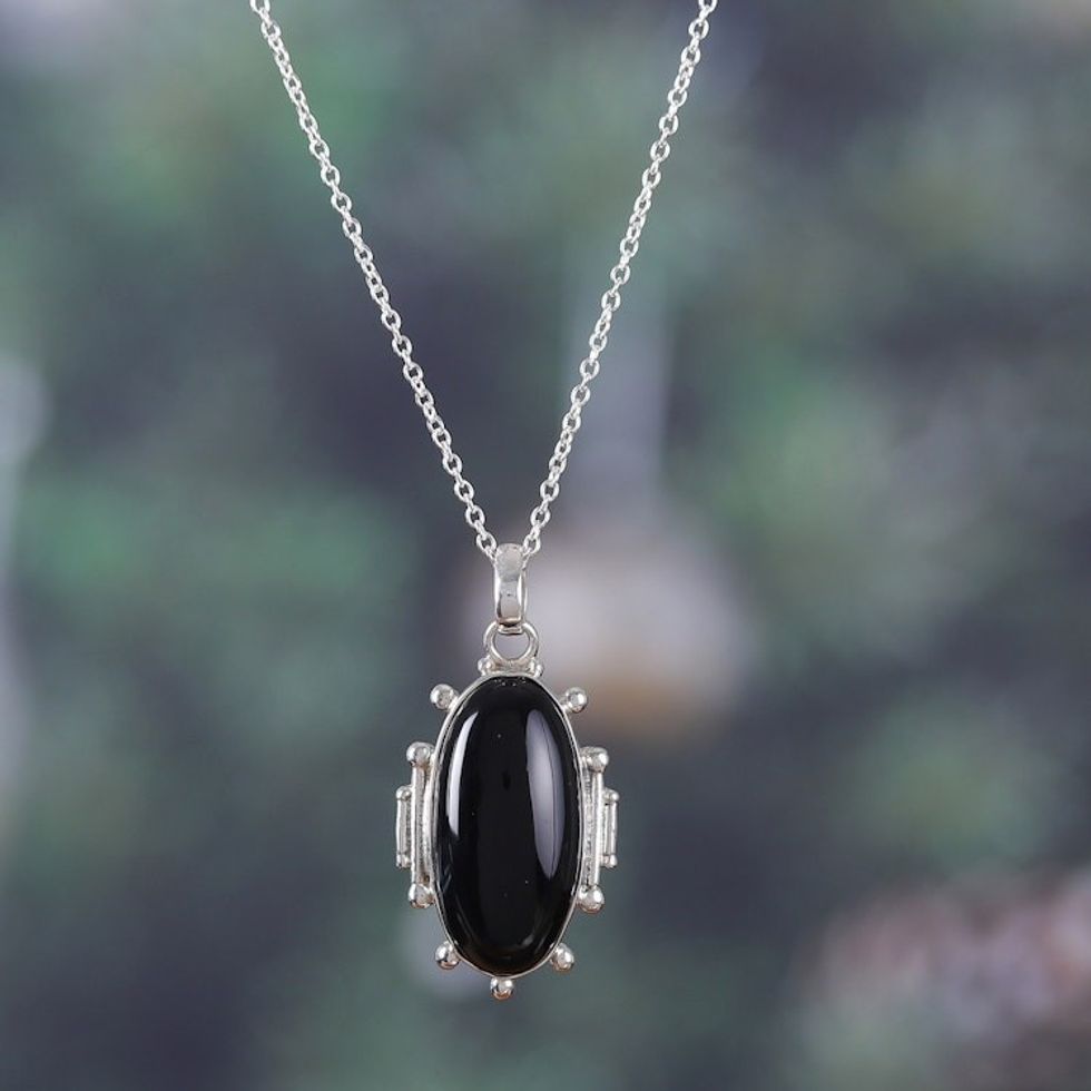 Polished Oval Onyx Cabochon Pendant Necklace from India 'Nocturnal Muse'