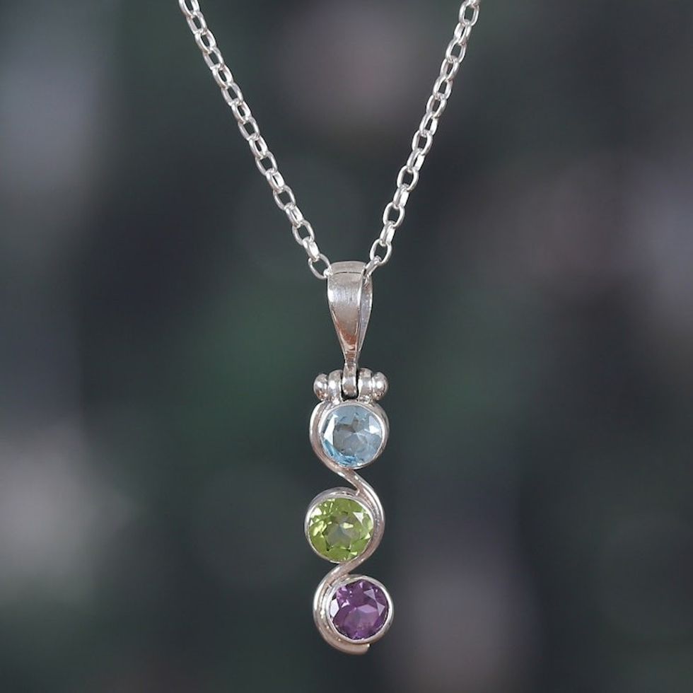 Polished Two-Carat Faceted Multi-Gemstone Pendant Necklace 'Serene Goddess'