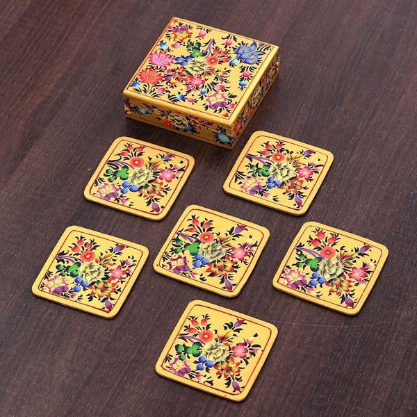 Alternate image for Set of 6 Floral Yellow Wood and Papier Mache Coasters Blooming Evening