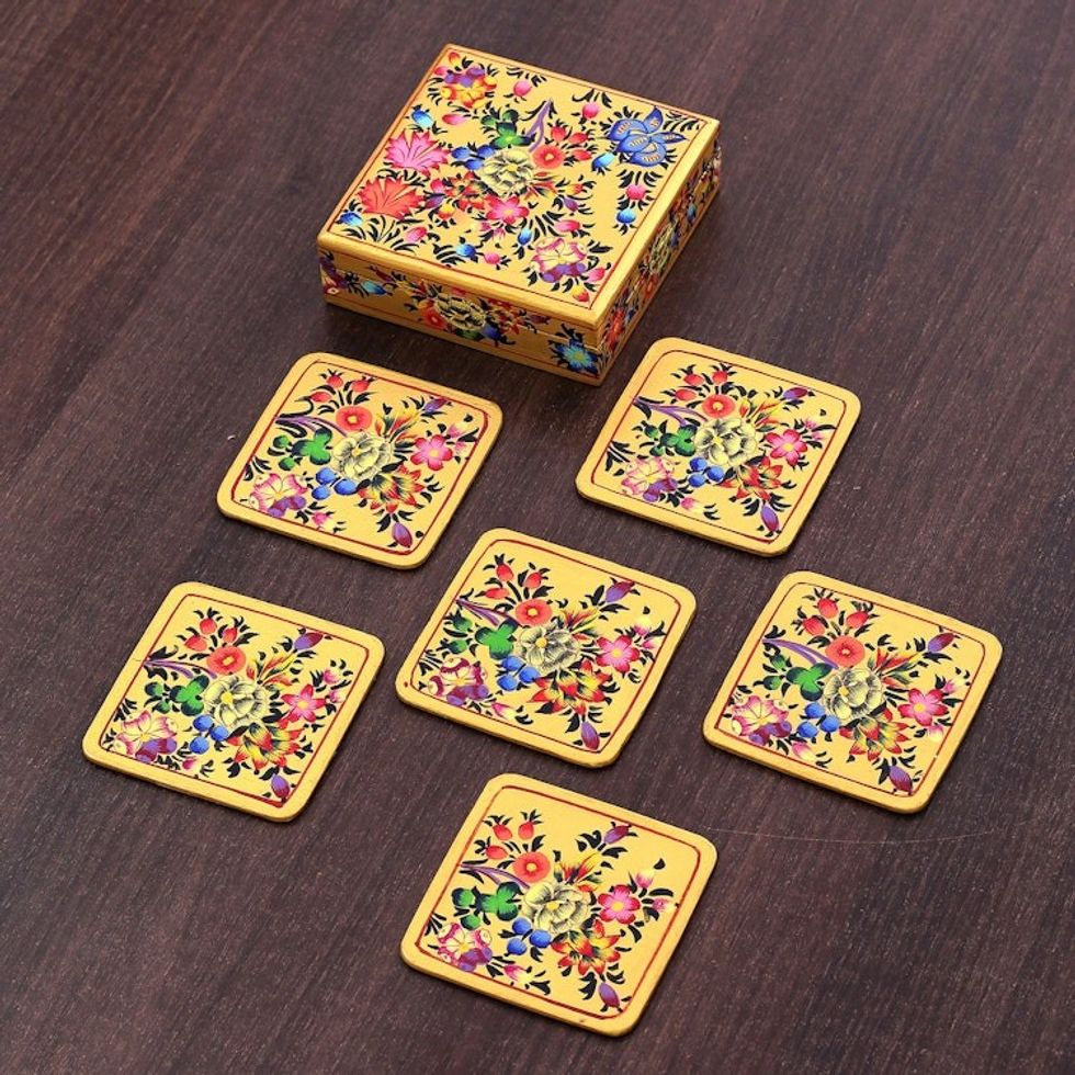 Set of 6 Floral Yellow Wood and Papier Mache Coasters 'Blooming Evening'