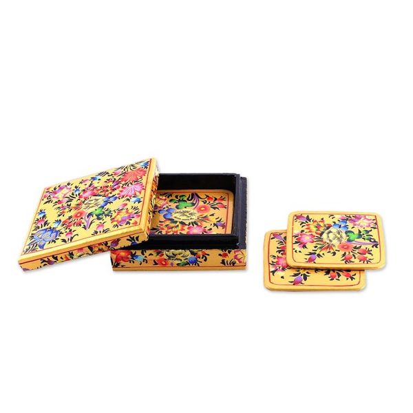 Alternate image for Set of 6 Floral Yellow Wood and Papier Mache Coasters Blooming Evening